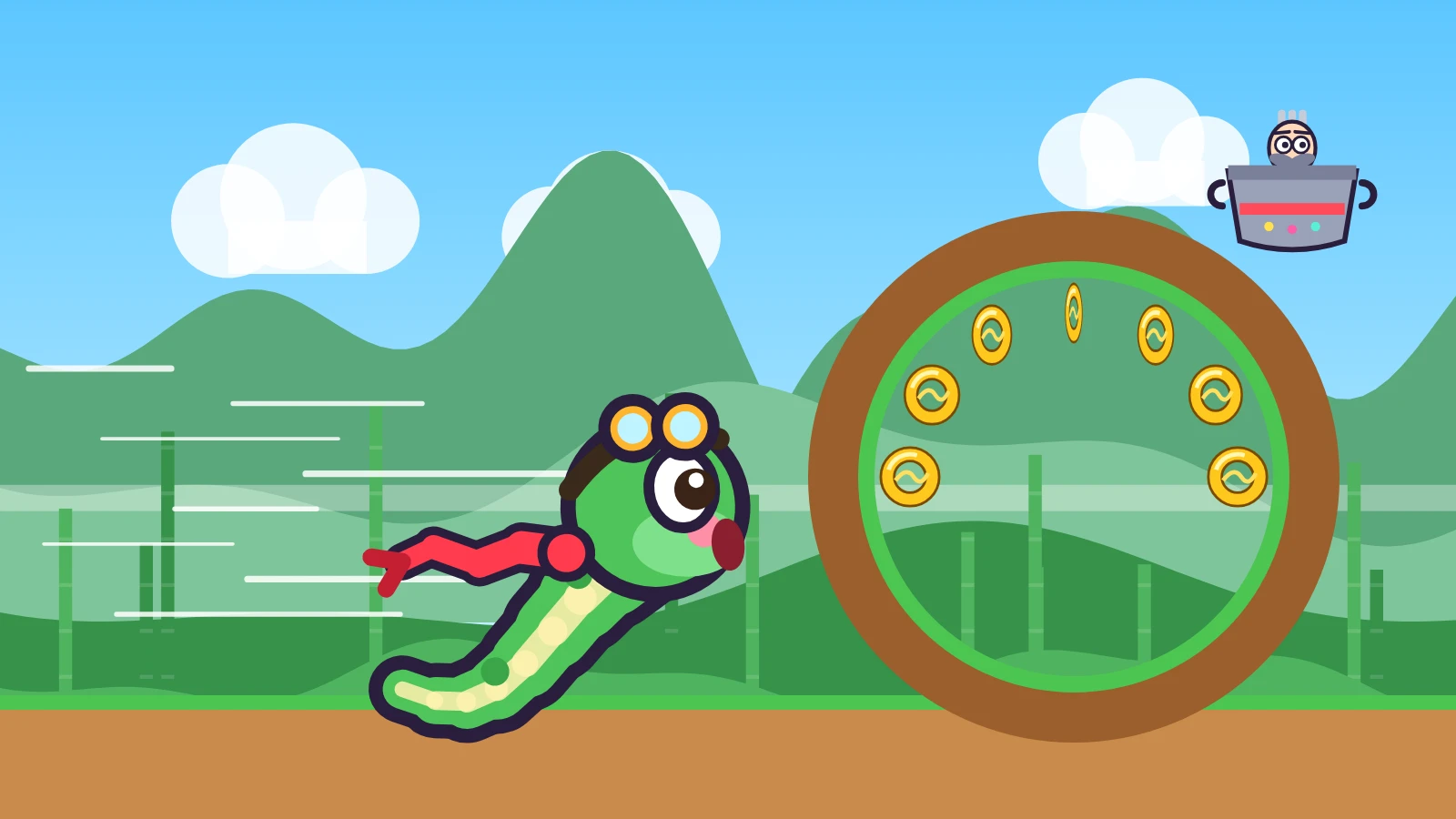 Noodle the snake zooming past a loop full of golden noodles while Professor Spork floats by in his flying pot